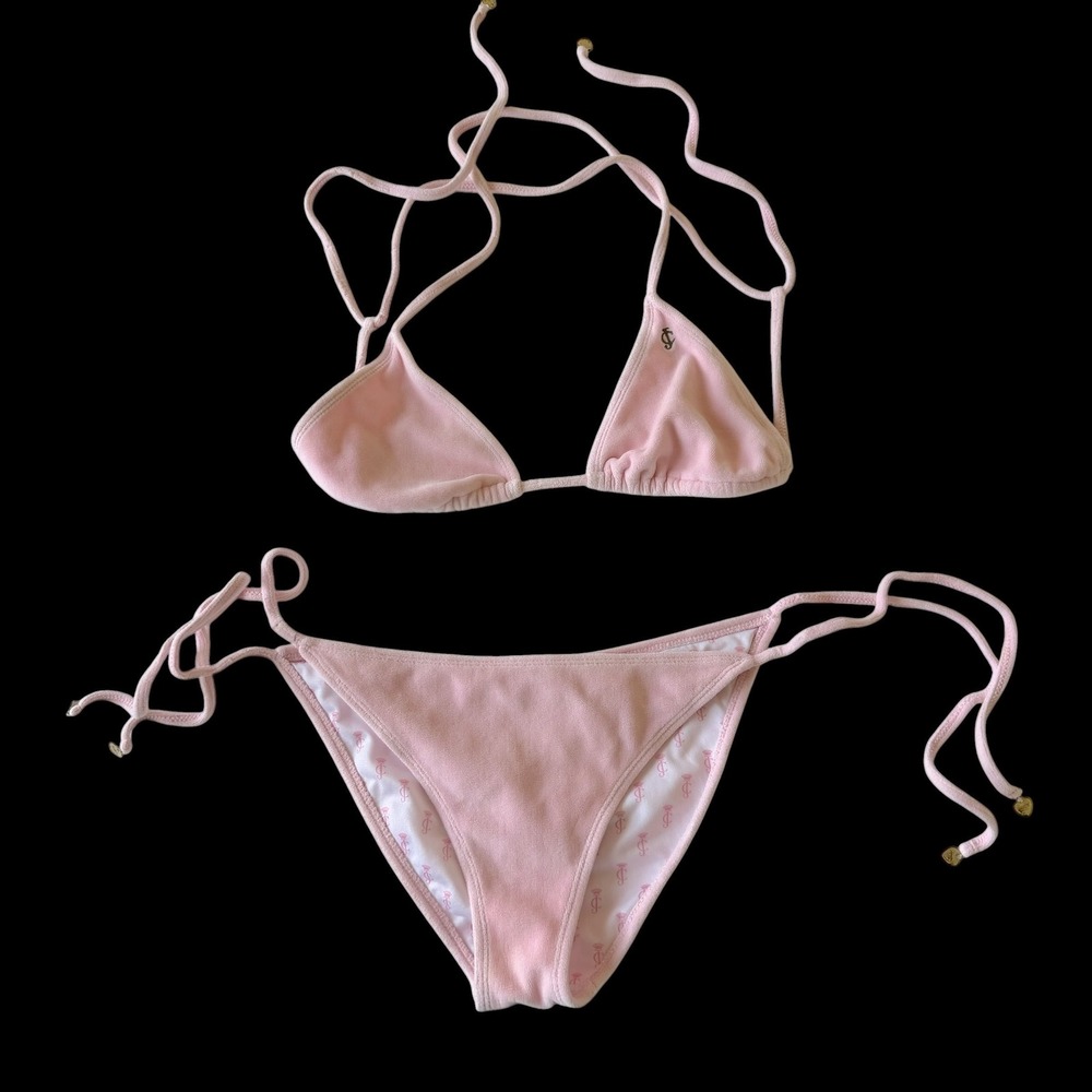 Juicy Couture Black Label Pink Velour Bikini Set Y2K Triangle Side Tie -‎ Large